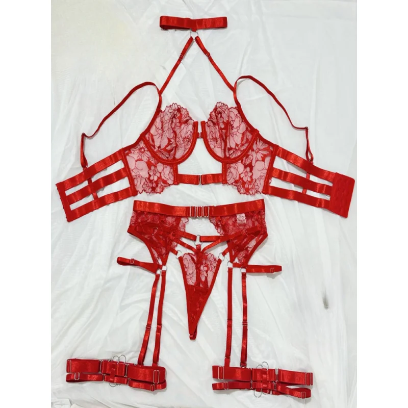 Sexy bikini with cross halter neck, embroidered see-through mesh patchwork swimsuit four-piece set for women