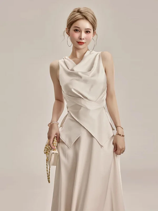 

Elegant White Two-Piece Set for Women Summer Sleeveless A-Line Long Skirt High Waist Top French Style V-Neck Casual Fashion