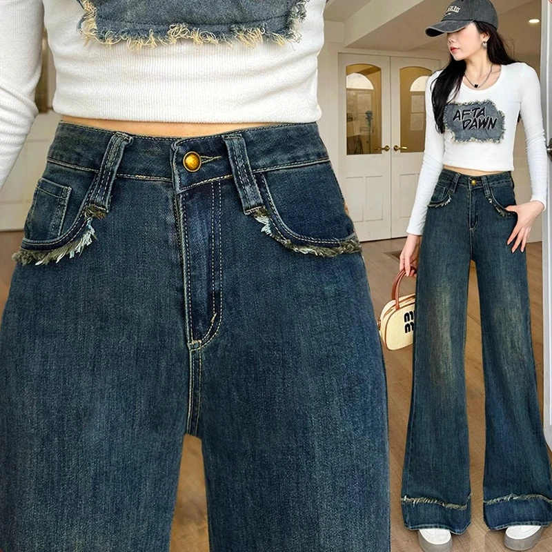 

Ретро джинсы с высокой талией и широкими штанинами, женские, модные, облегающие, с оборками, осенние, новые, в европейском и корейском стиле