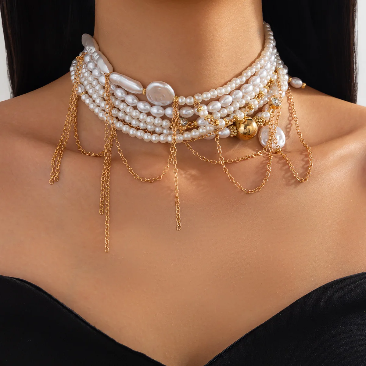 Faux Pearl Choker Layered Tassel Beaded Vintage Retro High Quality Durable Party Office Jewelry Women Silver Tone Chain