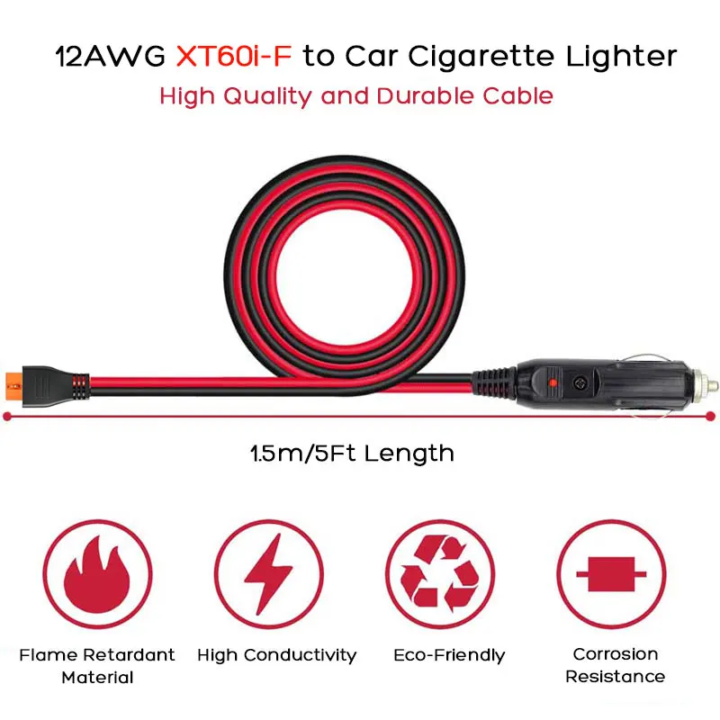 12AWG 1.5m/5FT 12V/24V Car Cigarette Lighter to XT60i-F Connector Charging Cable for Ecoflow River 2/2max/2 Pro Delta 2/Max/Pro.