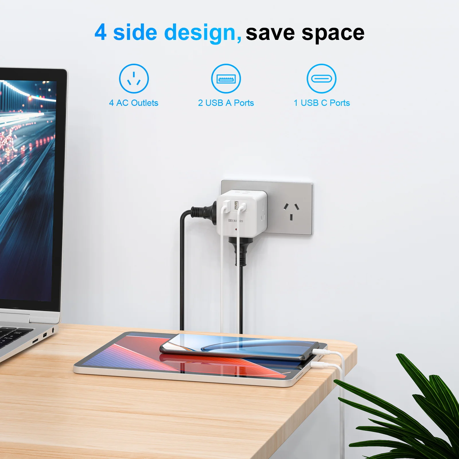 HITRENDS Australian Plug Cube Power Socket with 4AC+3USB Multi-Port Fast Charging Is Suitable for Home, Office and Travel