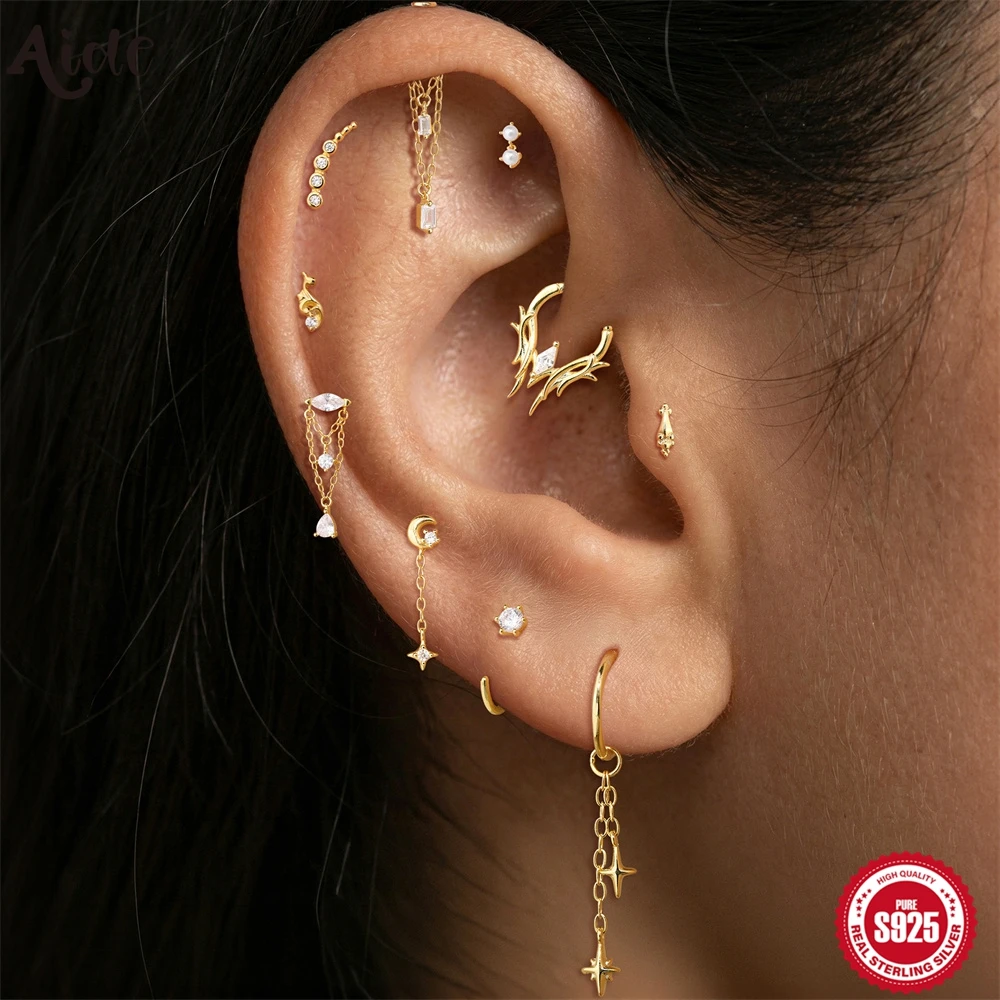 Aide 925 Sterling Silver Celestial Star Moon CZ Piercing Stud Dainty Dangle Thorn Shape Multi-Style Piercing Earring for Women