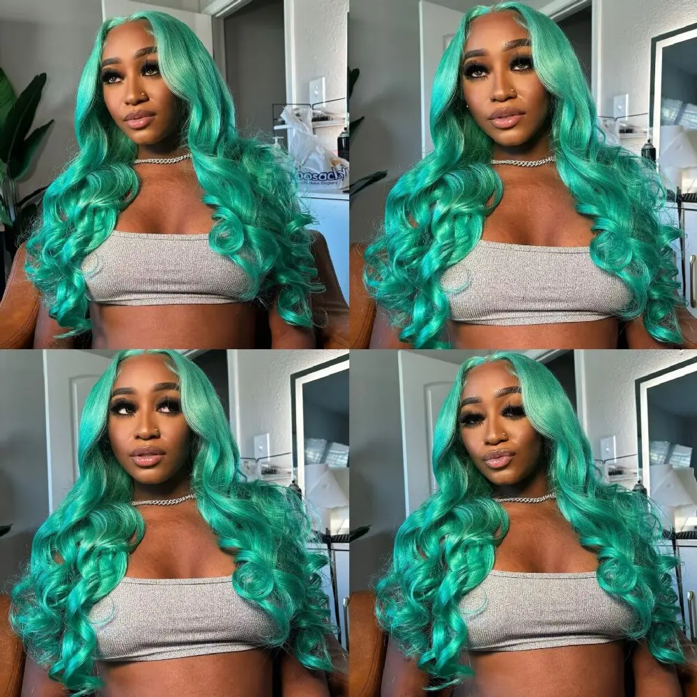 Body Wave Hair HD Pre-Extracted Hairline Real Wigs 13x4 Front Lace Mint Green Wigs Brazilian Native Real Hair High Density Wigs