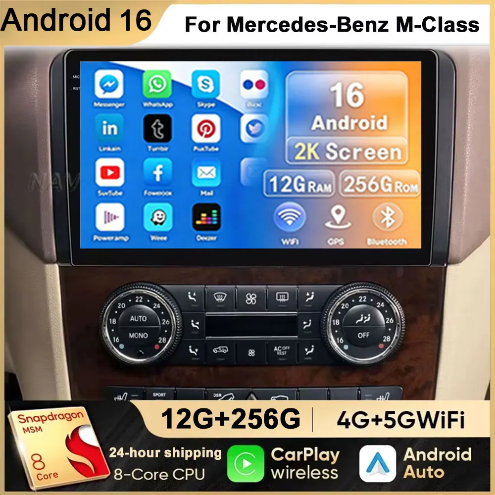 Android 16 For Benz GL ML W164 ML350 ML500 X164 2005-2012 2K QLED Android Car Radio Multimedia Video Player GPS Stereo CarPlay