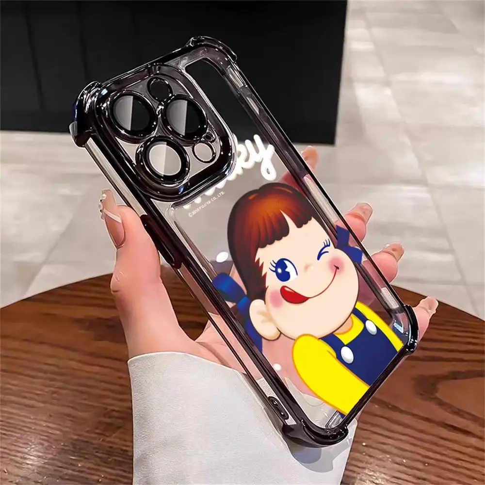 Cartoon Fujiya Peko Milky Girl Phone Case Cool Electropla Black Fashion Corners Drop-proof For IPhone 16 15 14 13 12 11 X