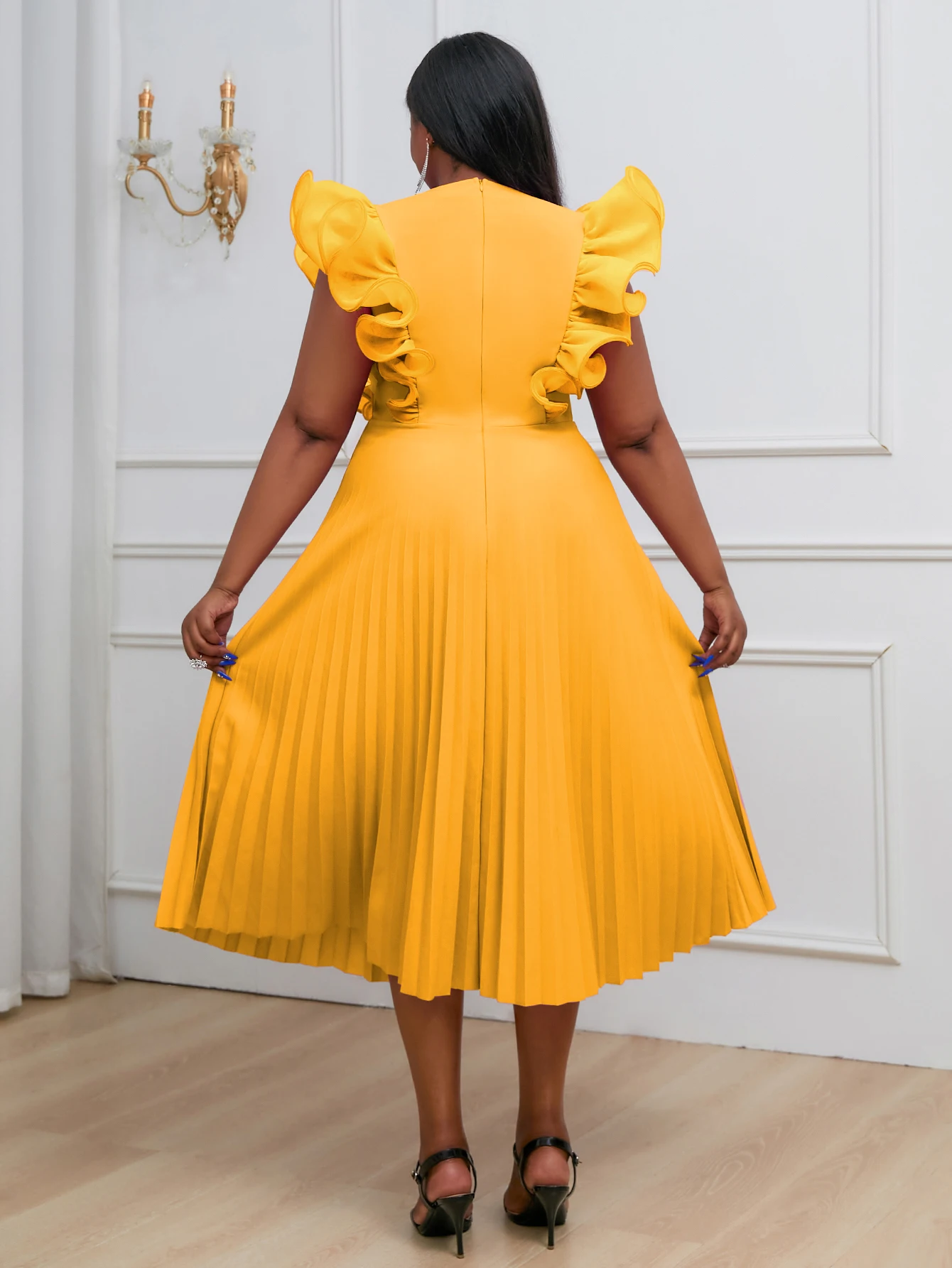 Yellow Dress for Women O Neck Ruffles Sleeveless High Waist A Line Pleated Office Work Evening Cocktail Party Ball Gowns Outfits