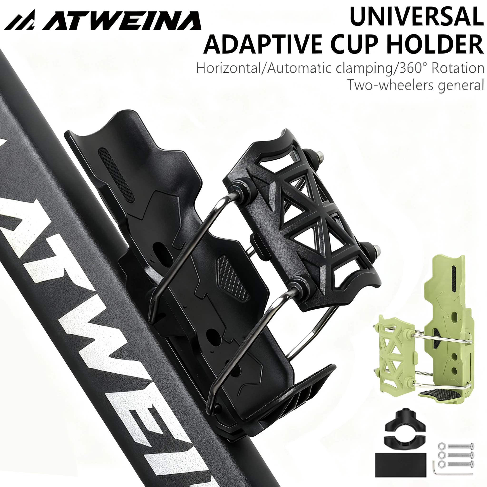 ATWEINA Bike Water Bottle Cage with Auto-Clamp Lock 360° Rotation Anti-Slip Holder Universal for 32-90mm Bottles