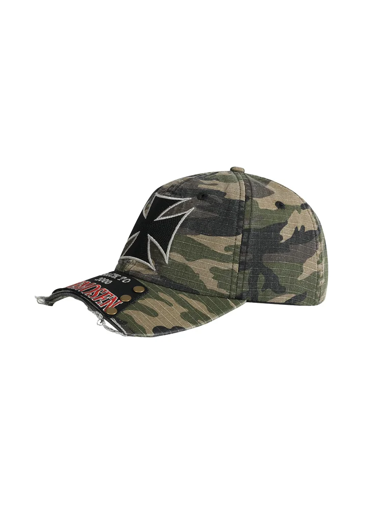 

Street Sle Iron Cross Patchwork Embroidery Waed out Dubill Cap Youth ex Cotton Cap for op And Daily Wear