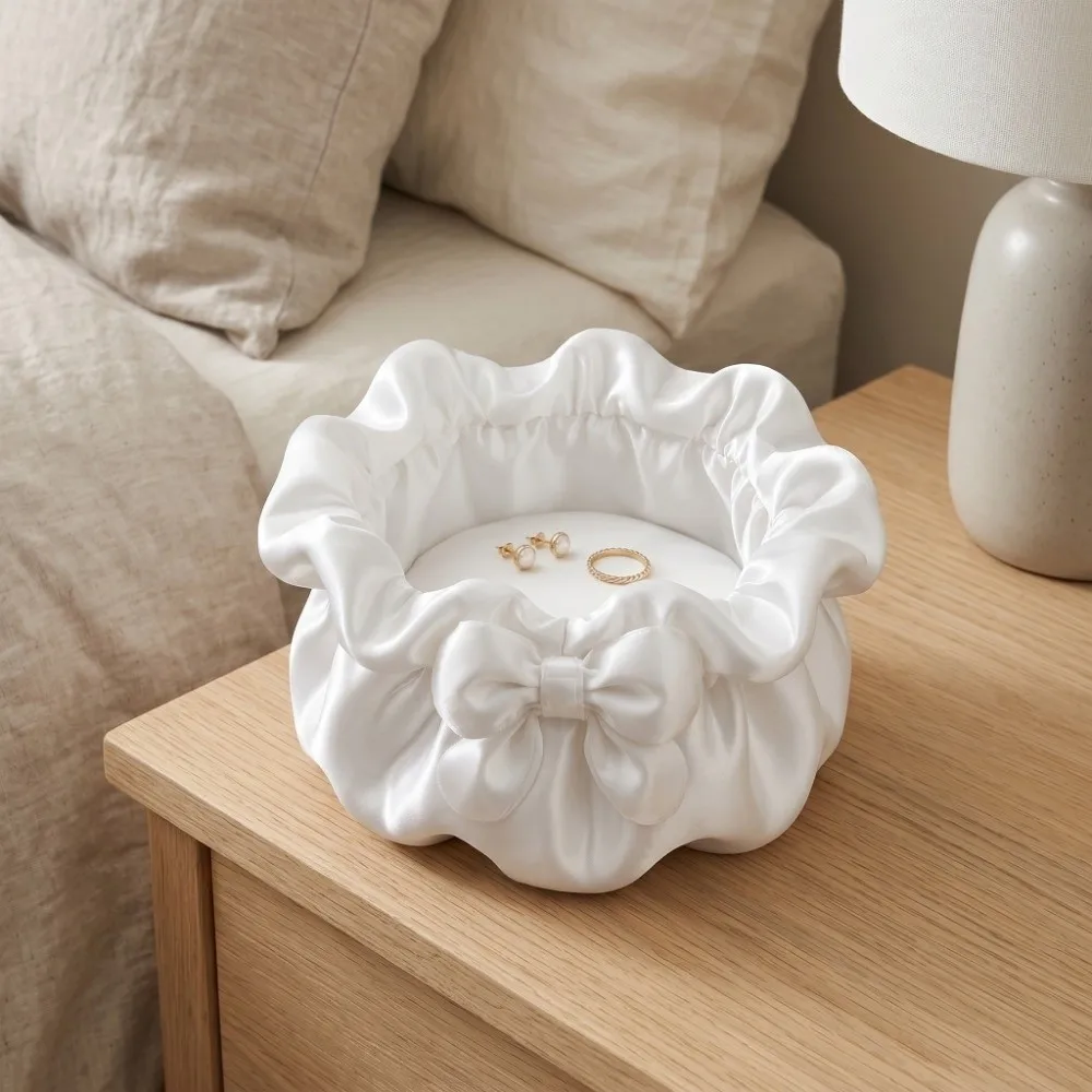 3D-Printed Petal Bow Storage Box Multi-Function Satin Ruffled Desktop Storage Box Elegant Ornaments Jewelry Storage Case