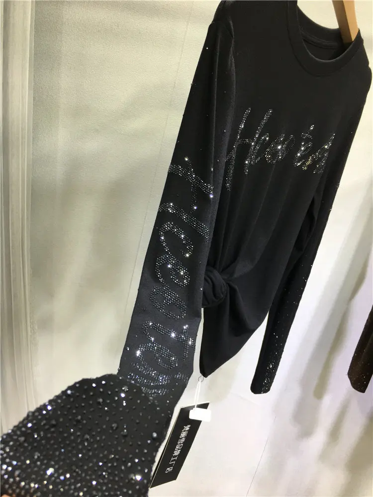 Large Size New Autumn Winter Long Sleeve Basic T-shirt All-match Round Neck Pullover Top Letters Hot Diamonds Slimming Tees