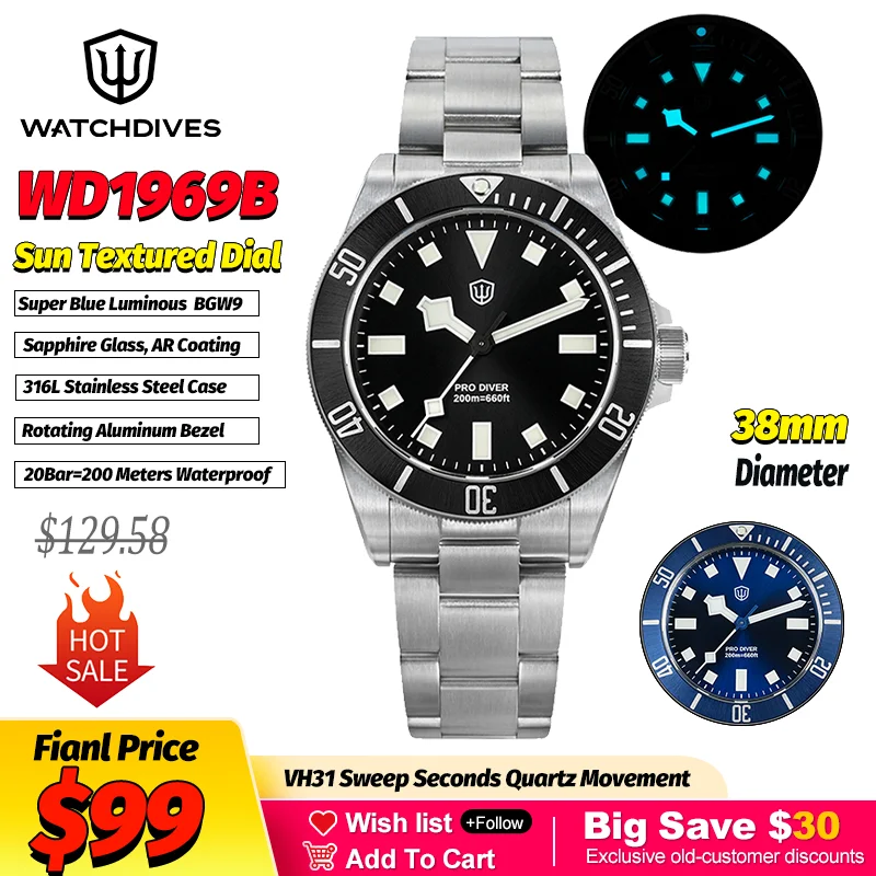 Watchdives WD1969 Sun Textured Fashion Quartz Wristwatches VH31 Sapphire 200M Waterproof Luxury Watches Stainless Steel Bracele