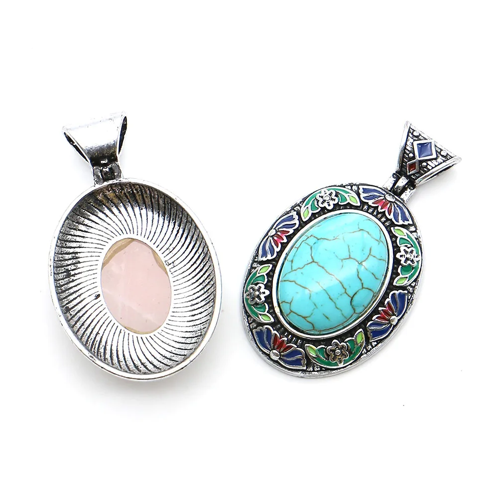 

Natural Stone Blue Turquoise Rose Quartz Oval Pendants Silver Frame with Colorful Pattern Design Charms Jewelry Accessory 1 Pc