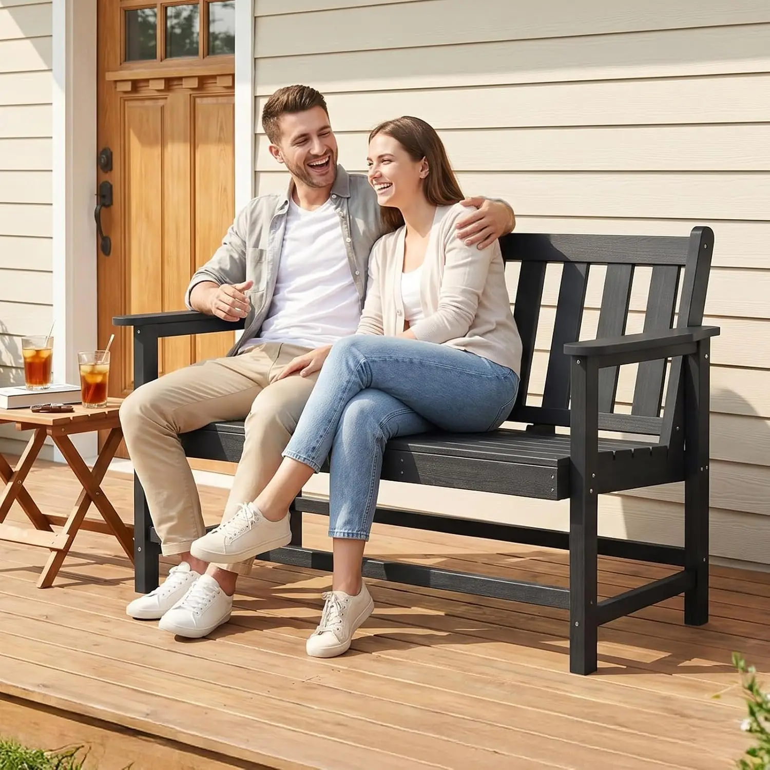 49in HDPE Outdoor Bench with Backrest and Armrests, 2-Person Weatherproof Patio Bench, Heavy Duty 600 lbs Capacity, Low Maintena
