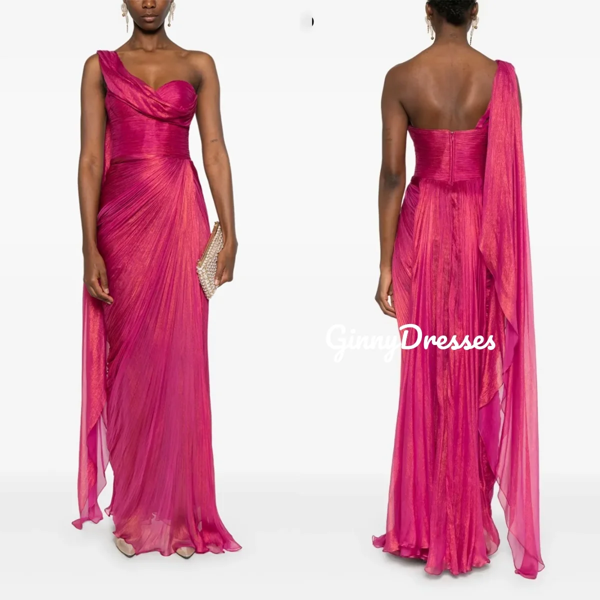 

Customize Prom Dresses A-Line One-Shoulder Floor-Length Luxury Evening Dresses Ruffle Zipper Up Sleeveless Formal Occasion Dress