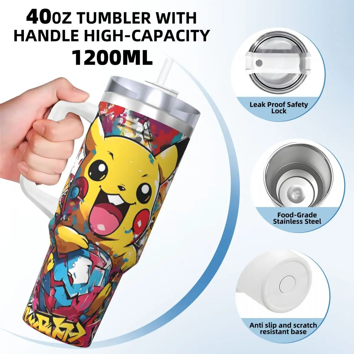 Japanese Anime Pokemon Stainless Steel Tumbler Travel Thermal Cups With Straws and Lid Large Mugs Cup Hot Drinks Water Bottle