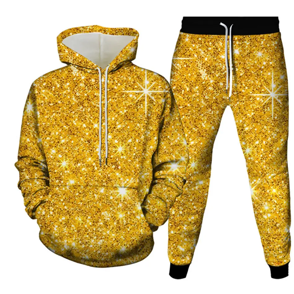 Golden Glitter Sparkle 3D Printing Hoodies+Trousers 2Pc Set Men Casual Tracksuit Harajuku Oversize Kids Suits Clothes