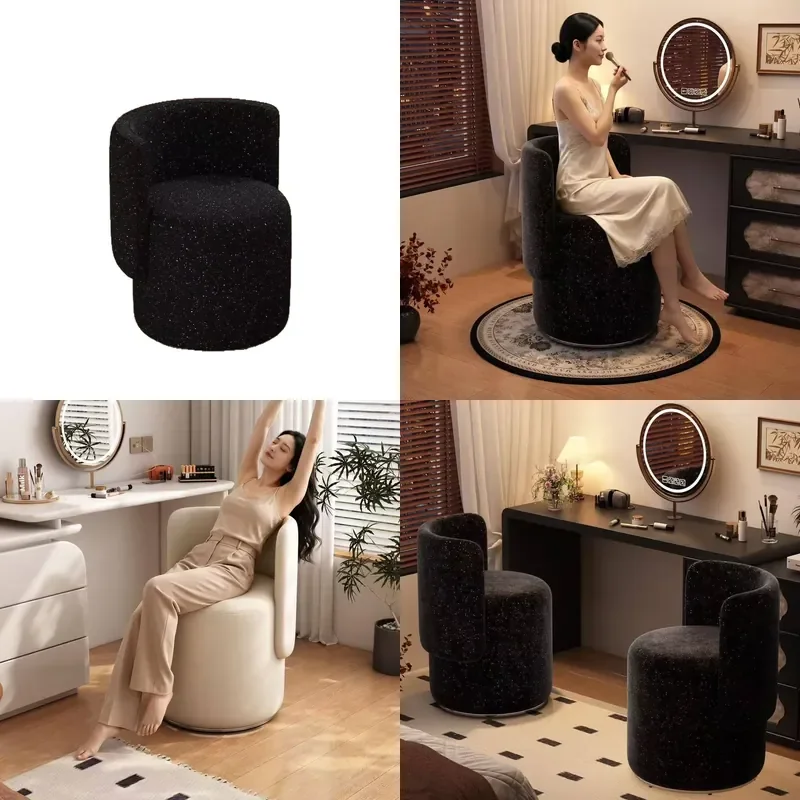 Cream French Princess Makeup Stool Swivel Vanity Chair with Backrest Light Luxury Bedroom Furniture