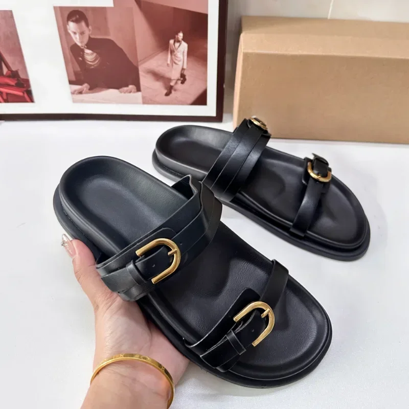 Women's Chic Black Leather Double Strap Flat Slide Sandals Gold Buckle Round Toe Casual Slip On Summer Shoes 2026
