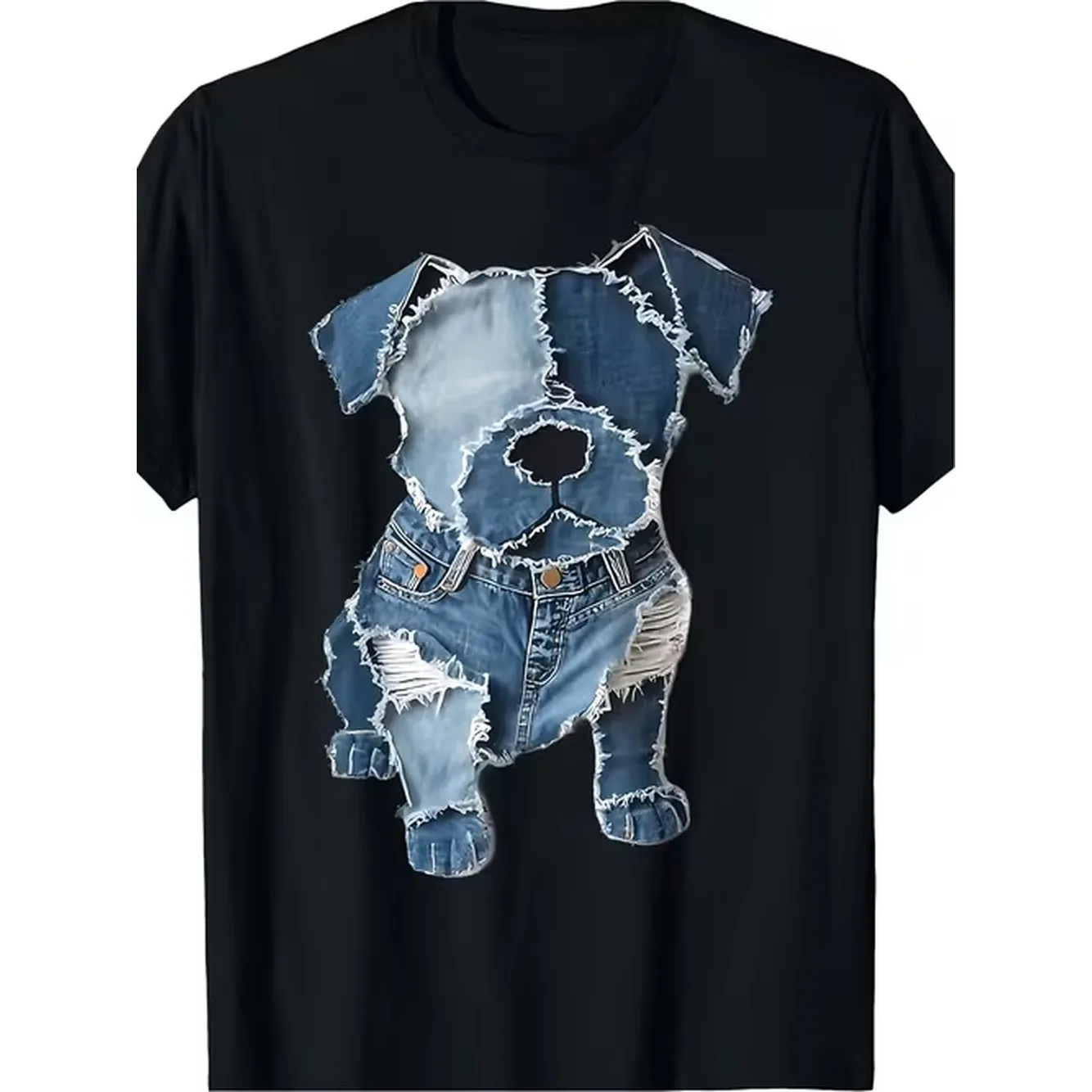 Designed For Teenagers Vintage Retro Denim Dog Graphic Tshirt Black Tee With Blue And Denim Design Heavyweight Casual Everyday Shirt Retro Tshirt Relaxed Artistic Psame Styl For Teenager
