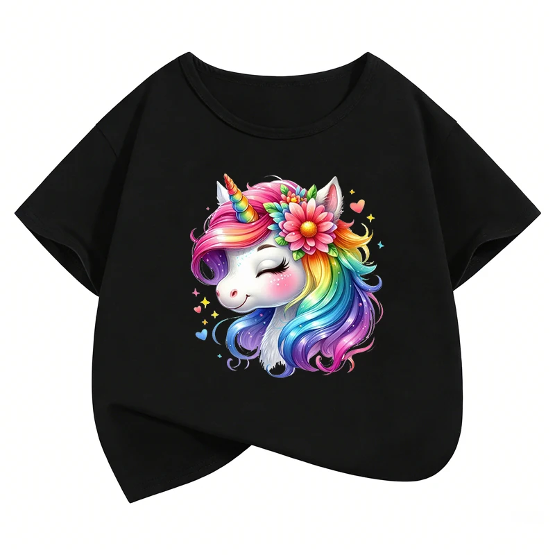 Fashion Horse with Rainbow Design T-Shirt Printed T Shirt Girls' Summer Clothes Short Sleeve Tops T-Shirts Cute Girls Clothing