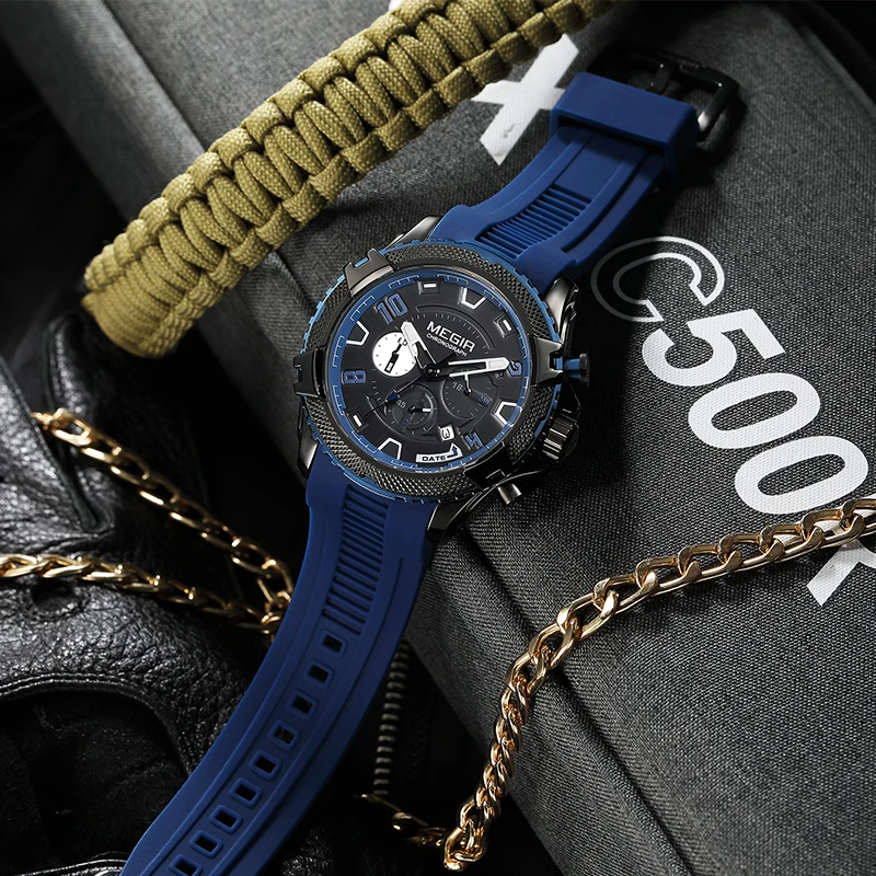 MEGIR Fashion Mens Watches Calendar Chronograph Waterproof Wristwatch Black Silicone Strap Sport Quartz Watch