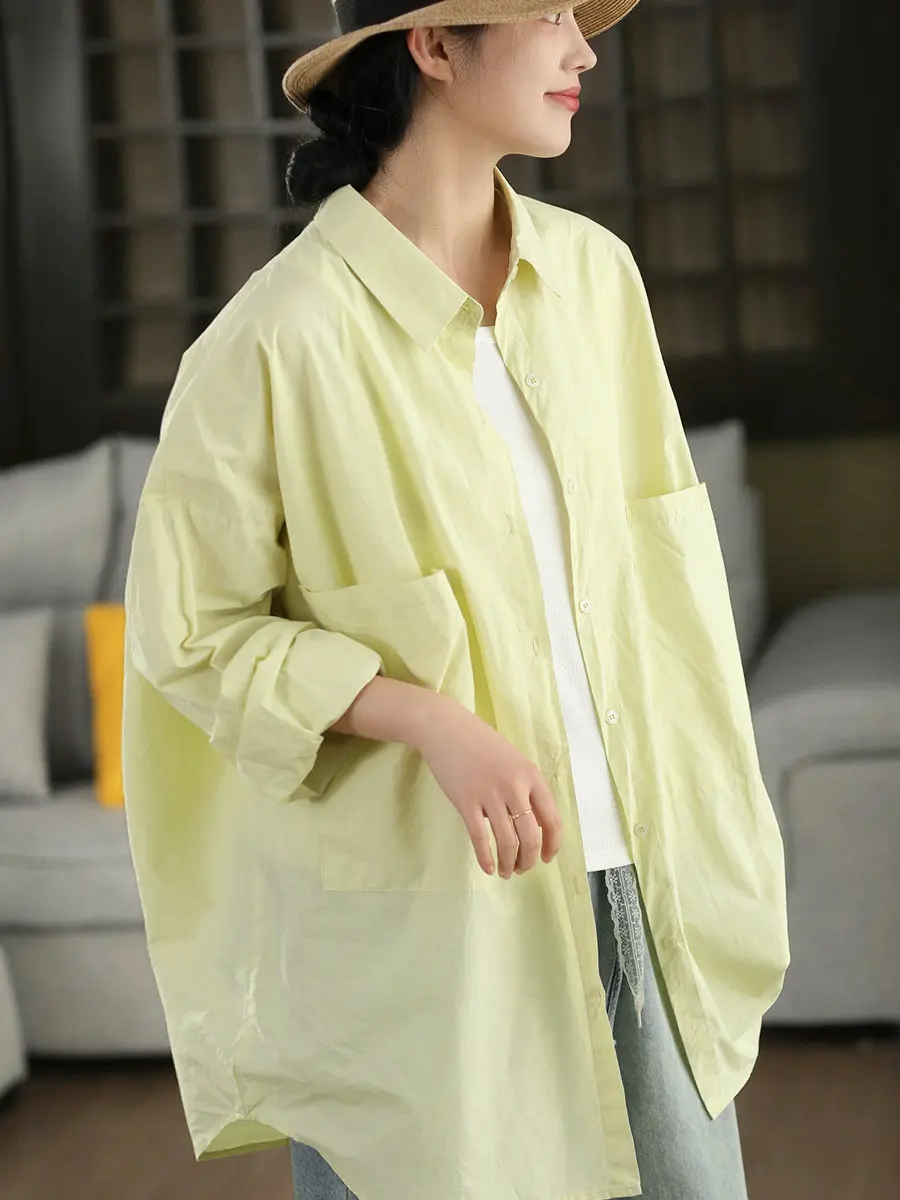 

Retro High Thread Count Washed 100% Cotton Casual Shirt Women's Mid-Length Open Cardigan Style Loose Fit Long Sleeve Top