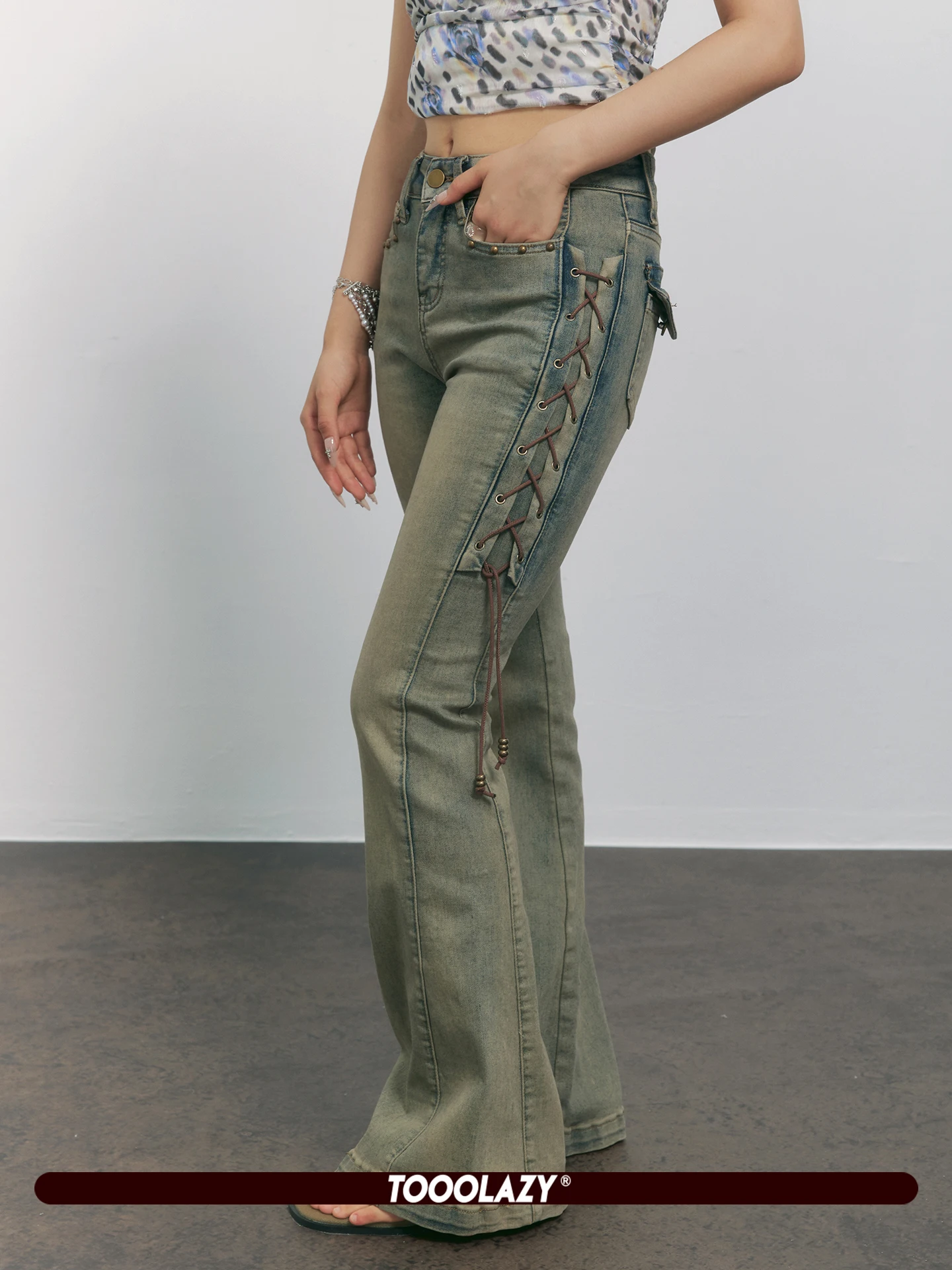 TOOOLAZY Retro Washed Bell Bottom Jeans Women's Side Tie Waist High Waist Slimming Summer Trendy Cotton Blend Denim