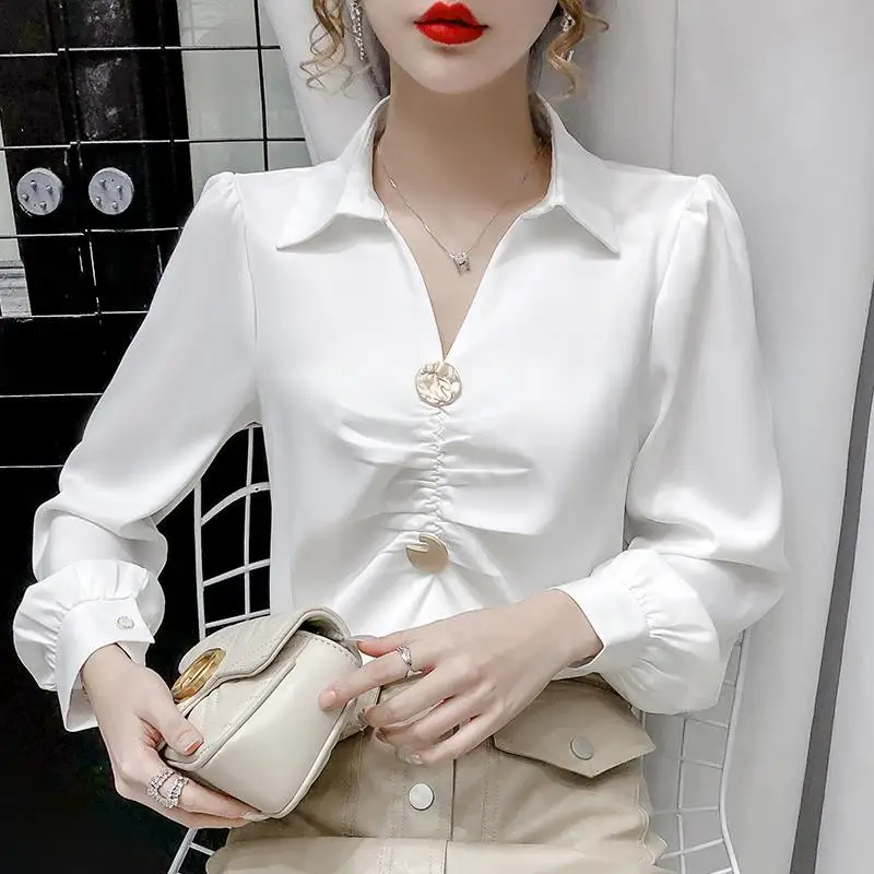 Vintage All-match Pleated Blouse Long Sleeve Polo Neck Solid Elegant Shirt Tops Spring Autumn New Fashion Office Women Clothing