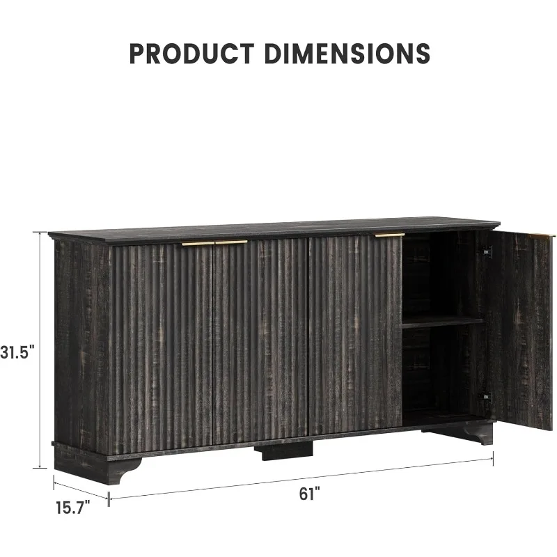 Armário de buffet moderno, armário de armazenamento de cozinha com portas caneladas de fazenda com prateleiras ajustáveis