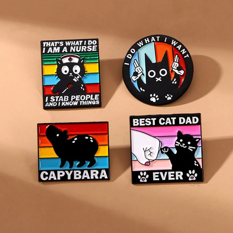 Bonito broche de gato negro de arcoíris, jeringa para médico, enfermera, gato, punzón de pistola de mano, capibara, insignia de Metal de Animal creativo, Pin Punk, regalo de joyería