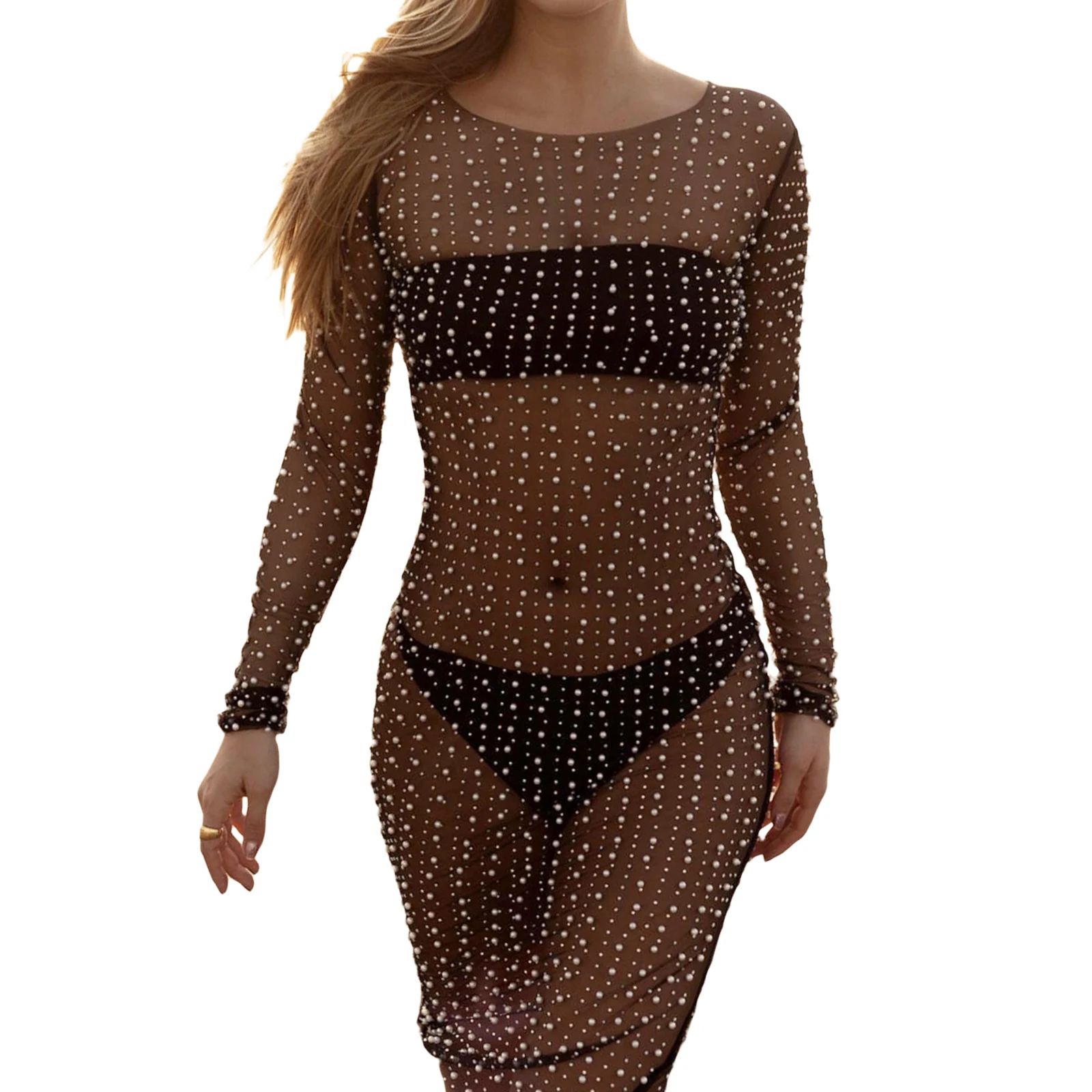 Donne Sexy paillettes Pearl Decor abito lungo estate Casual Bikini Cover Up Dress Sheer Mesh manica lunga fessura Party Beach Dress