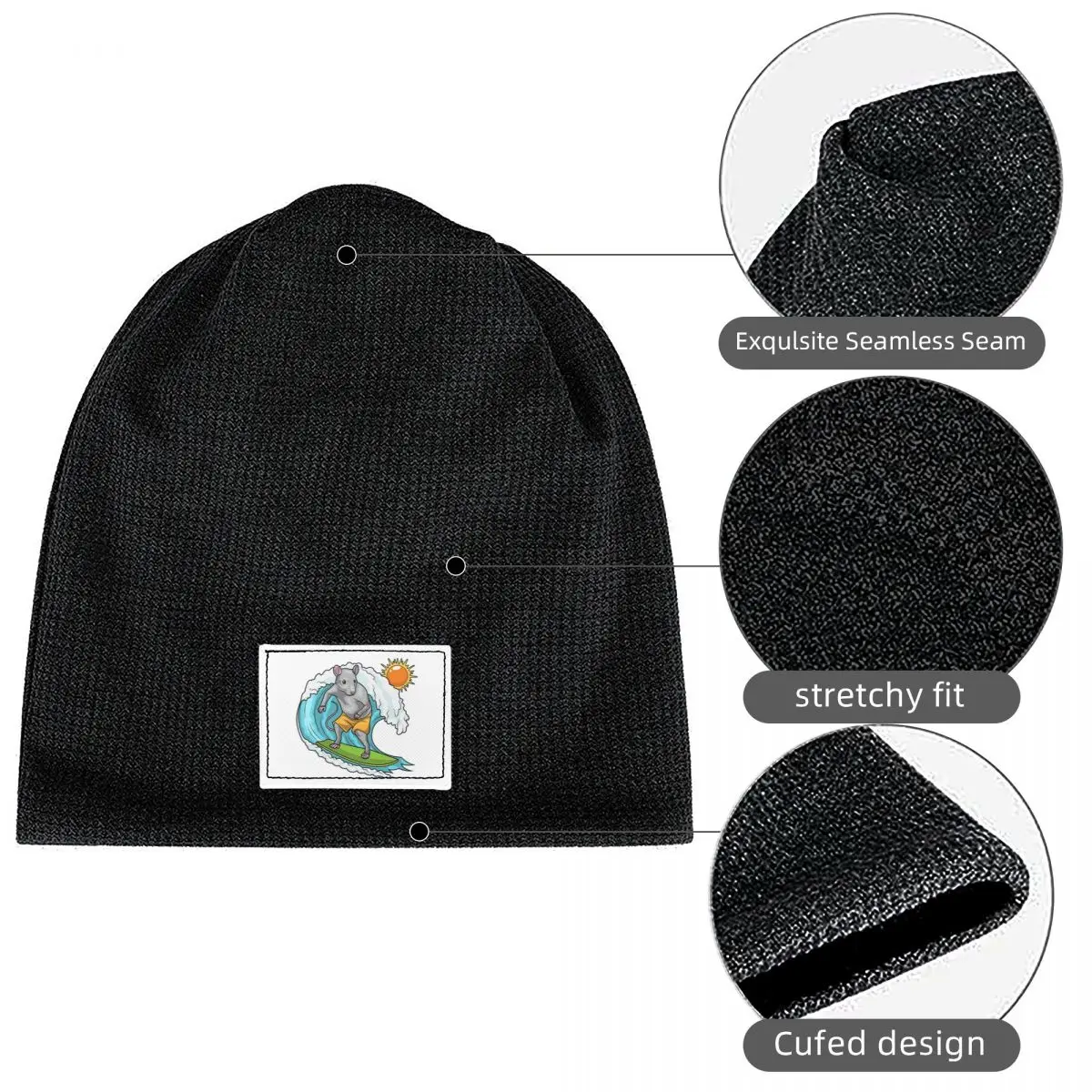 Rat Summer Surfer Waffle Knit Fleece Lined Beanie with PU Leather Patch Unisex Warm Winter Soft Cap