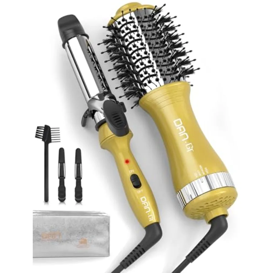 

Hair Dryer Brush and Mini Curling Wand Set - 1 Inch Travel Set with 3 Temperature Settings - Hot Air Brush for Drying, Styling,