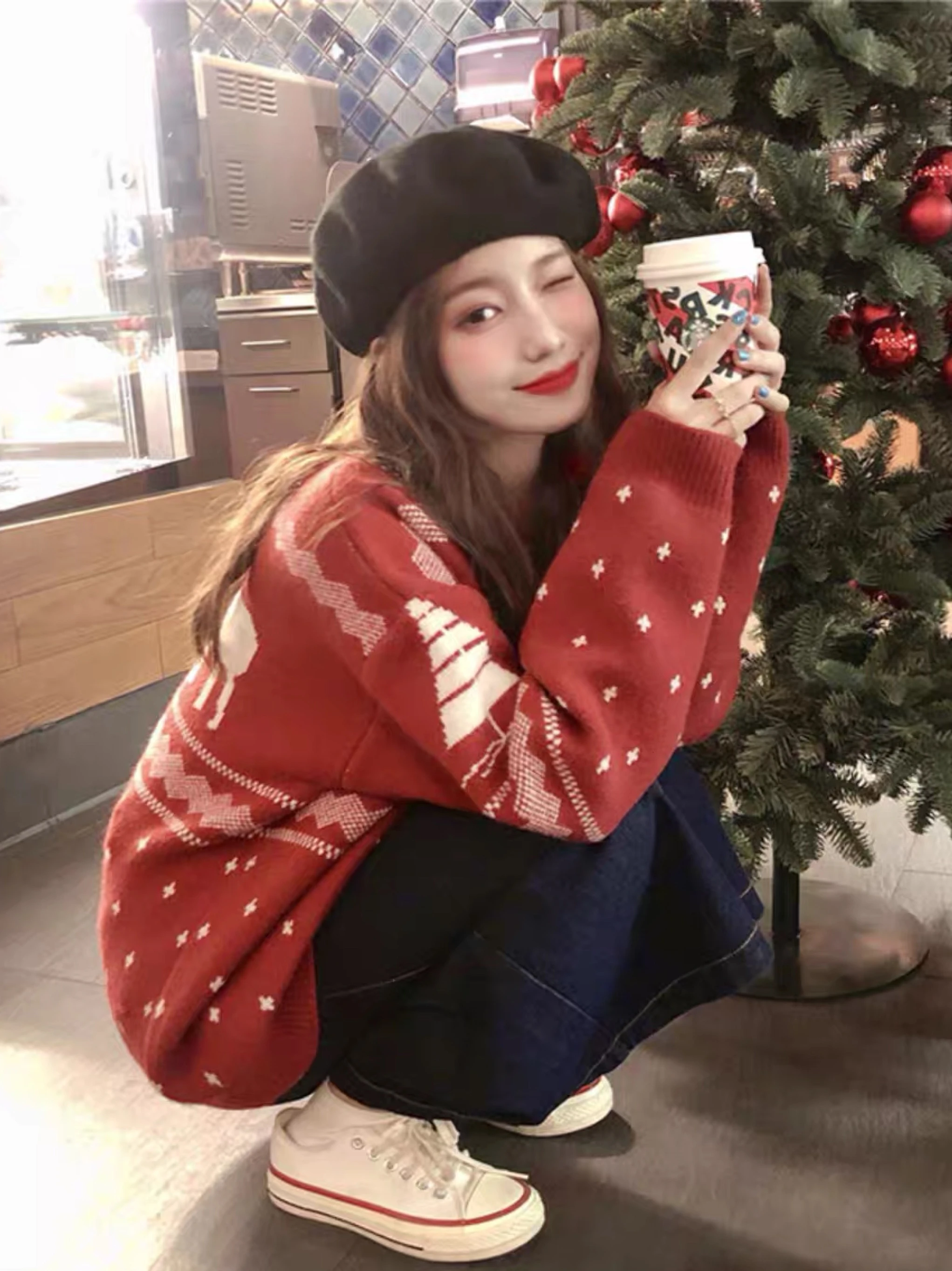 العصرية الأحمر فضفاض المرأة سترة ربيع الخريف الشتاء جديد Sle ملابس خارجية التخسيس Faionable Cisas العنصر جولة Ne طويلة... #3