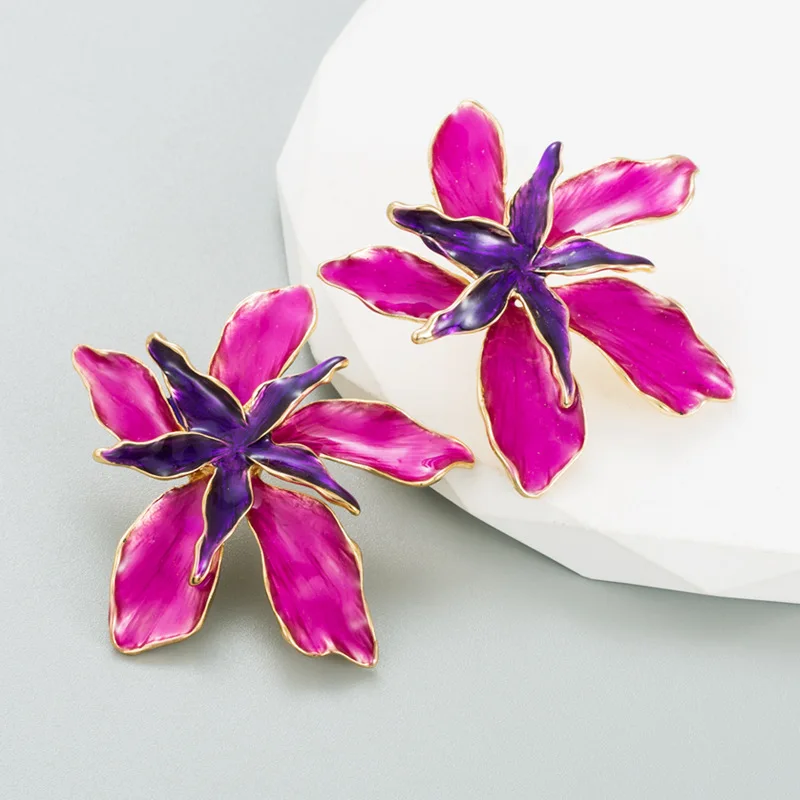 5 Colors Big Flower Leaf Fuchsia Gold Earring for Women Boho Statement Jewelry