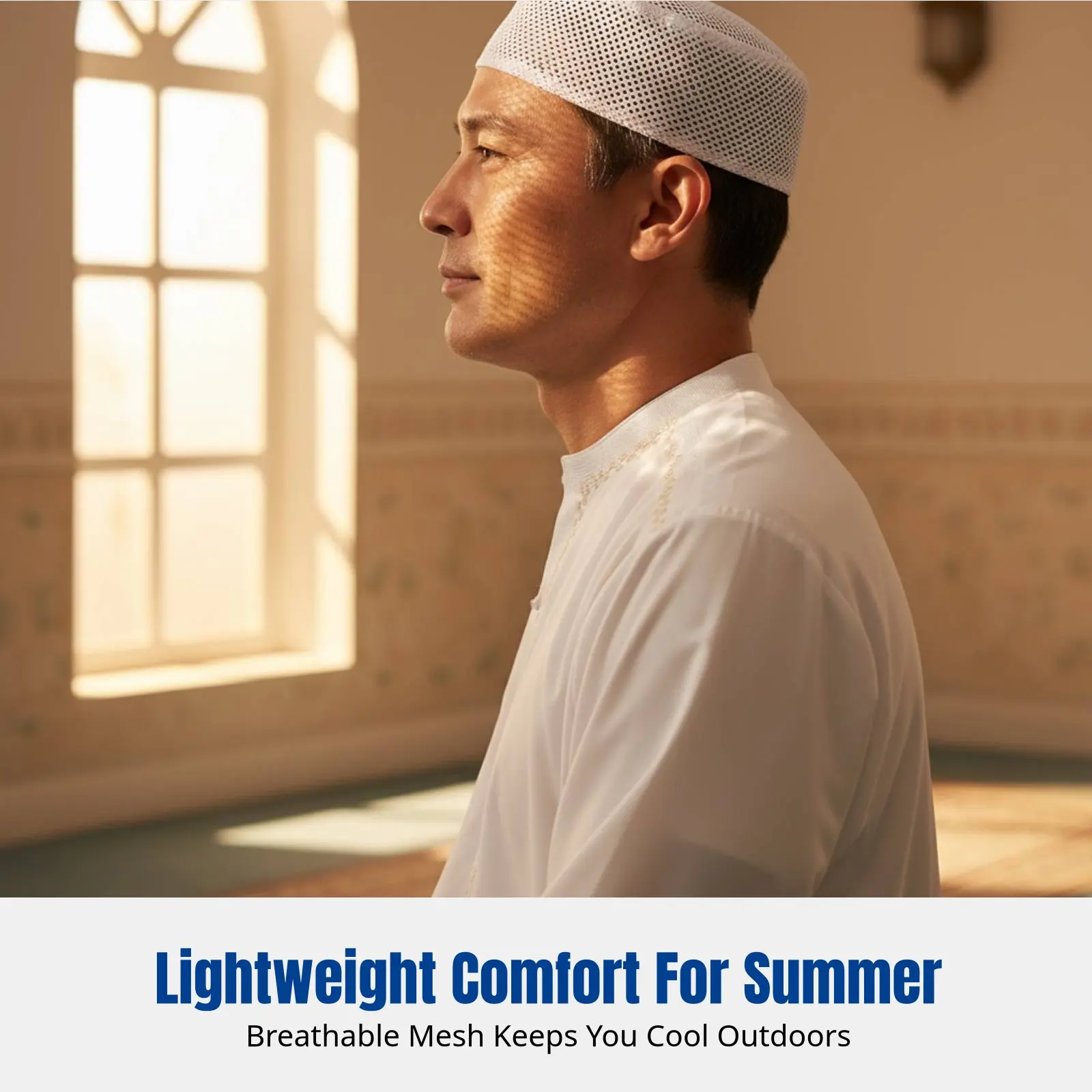 

Summer Prayer Cap for Men, Mesh Flat Top, Breathable Muslim Ethnic, Saudi Inspired, New Design
