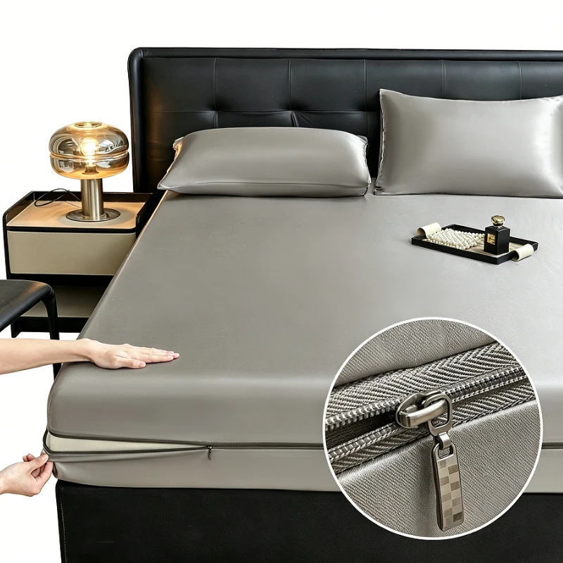 6-Sided Zipper Mattress Encasement Luxury Cooling Satin Dustproof Mattress Protector, Full All Around Deep Pocket Mattress Cover