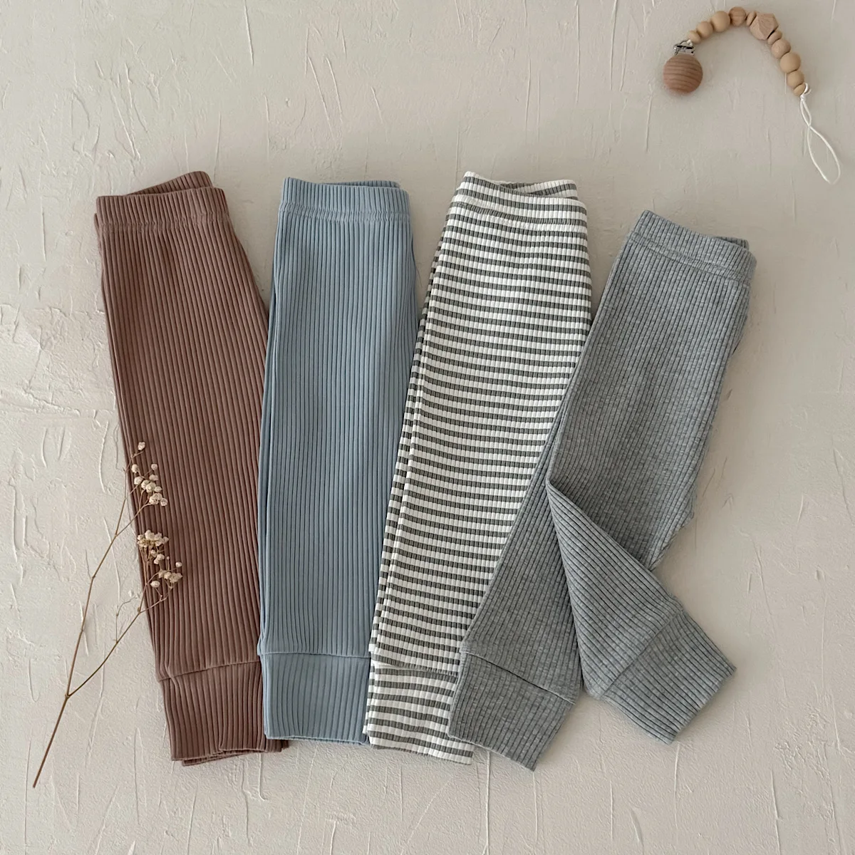 Korean Simple Infant 4‑Pack Ribbed Leggings, Multi‑Color Set Solid Striped Elastic Waist Baby Cuffed Trousers
