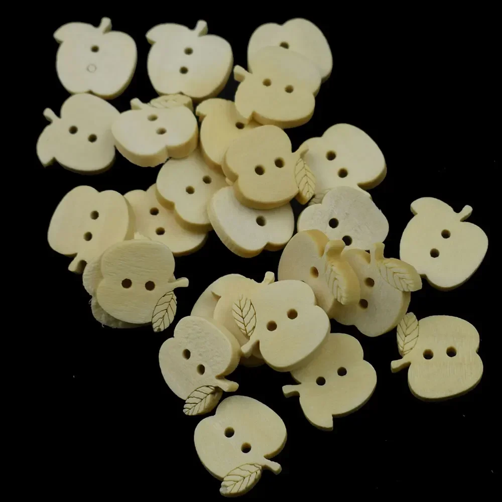 100PCS Wood Button Natural Color Cartoon Apple Wooden Button Sewing Scrapbooking for Christmas Crafts 2 Holes DIY Buttons