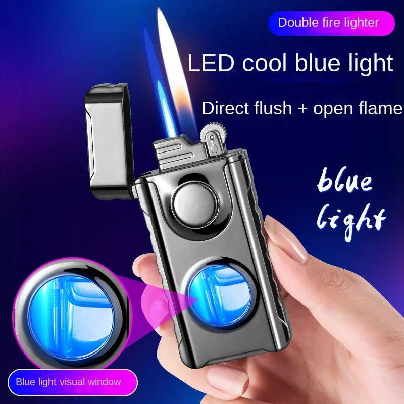 Encendedor de cigarrillos a prueba de viento de Metal con dos tipos de llamas inusuales, encendedores de Gas, accesorios para fumar, aparatos de butano para hombres