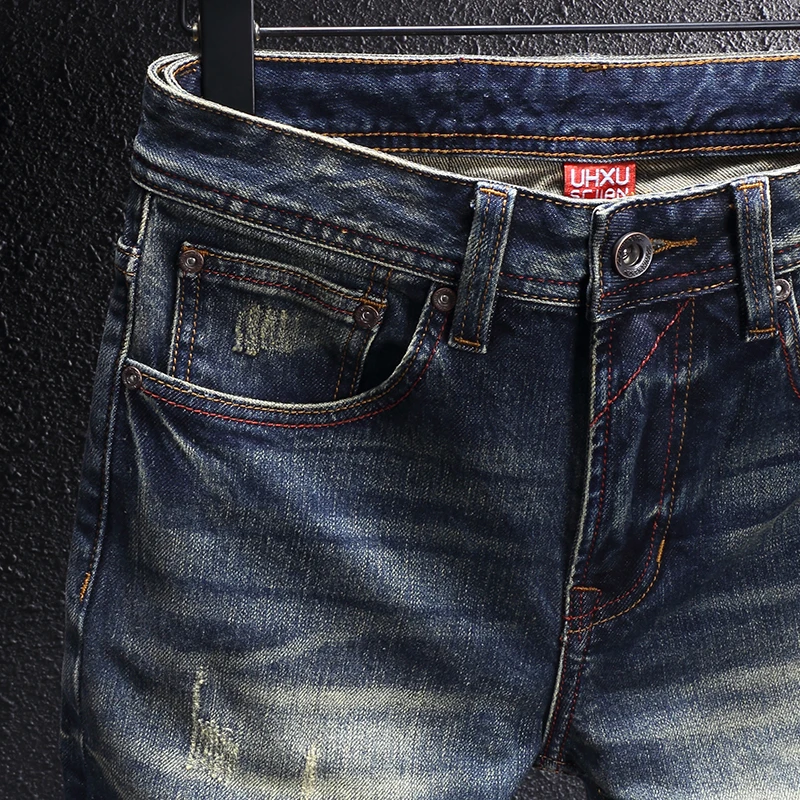 Vaqueros bordados RetroY2K de moda para hombre, vaqueros ondulados adelgazantes elásticos azules lavados Retro de alta calidad, Je de diseñador italiano