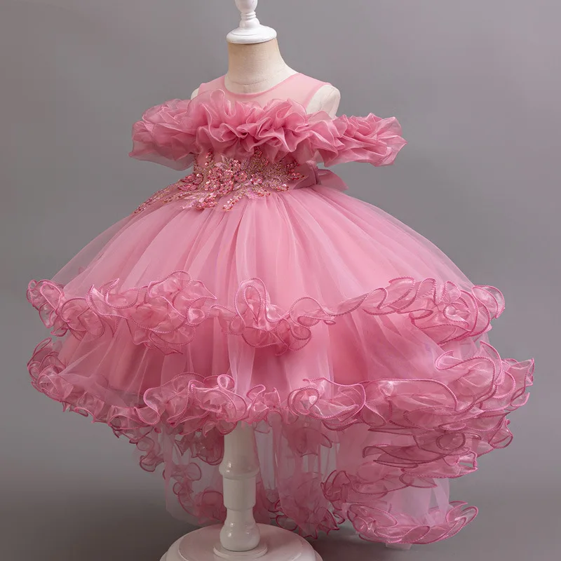 New Soft Gauze Decal Sleeveless Solid Color Trailing Fluffy Skirt for Girls Wedding Flower Girl New Year\'s Sweet and Cute Dress