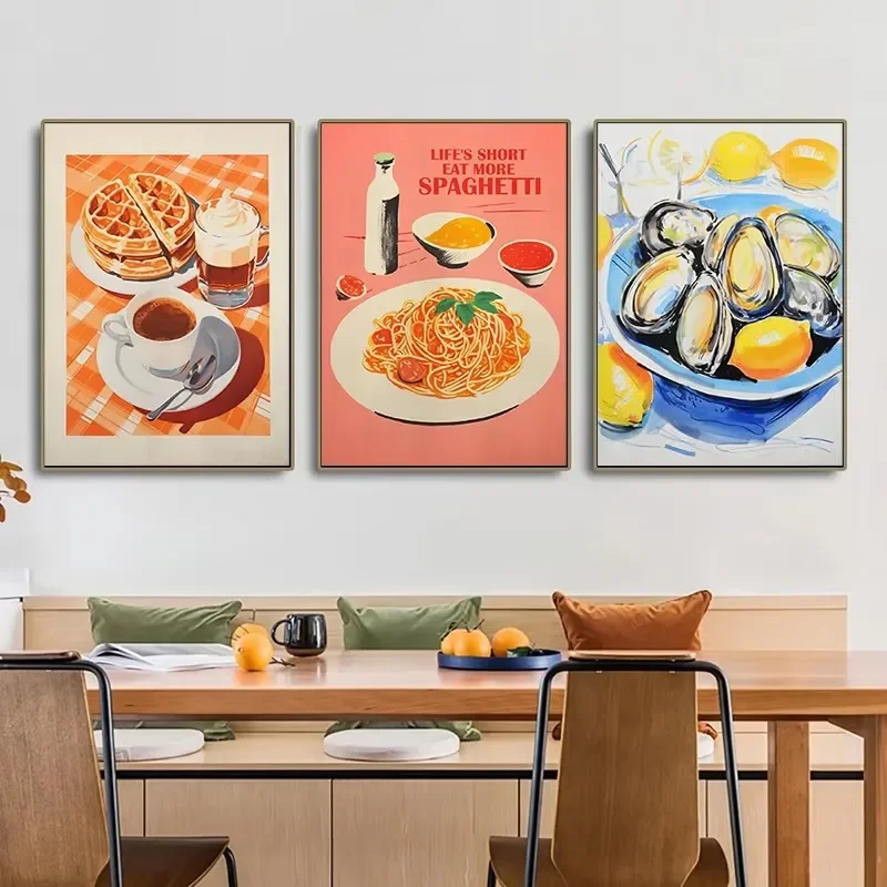 Vintage Food Poster Eggs Bacon Spaghetti Pancakes Seafood Cheese Canvas Painting Wall Art Picture Kitchen Restaurant Home Decor
