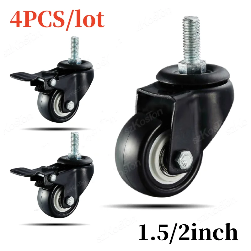 4pcs/kit Furniture Casters 1.5/2Inch M8/M10 Thread Stem Swivel Wheels Without/with Brakes Heavy Duty Coffee Table Chair Bin Cart