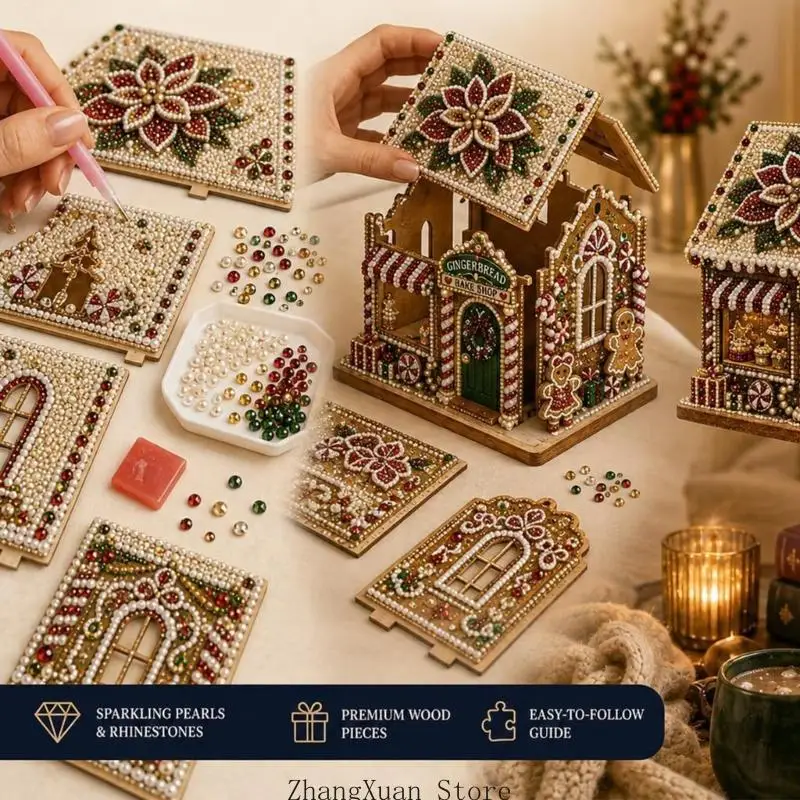 DIY-Weihnachtsperlen-Kunstset mit Strassstein-Gemäldestück und Perlen-Akzenten für eine abschließende hausförmige Präsentation – Detail 4