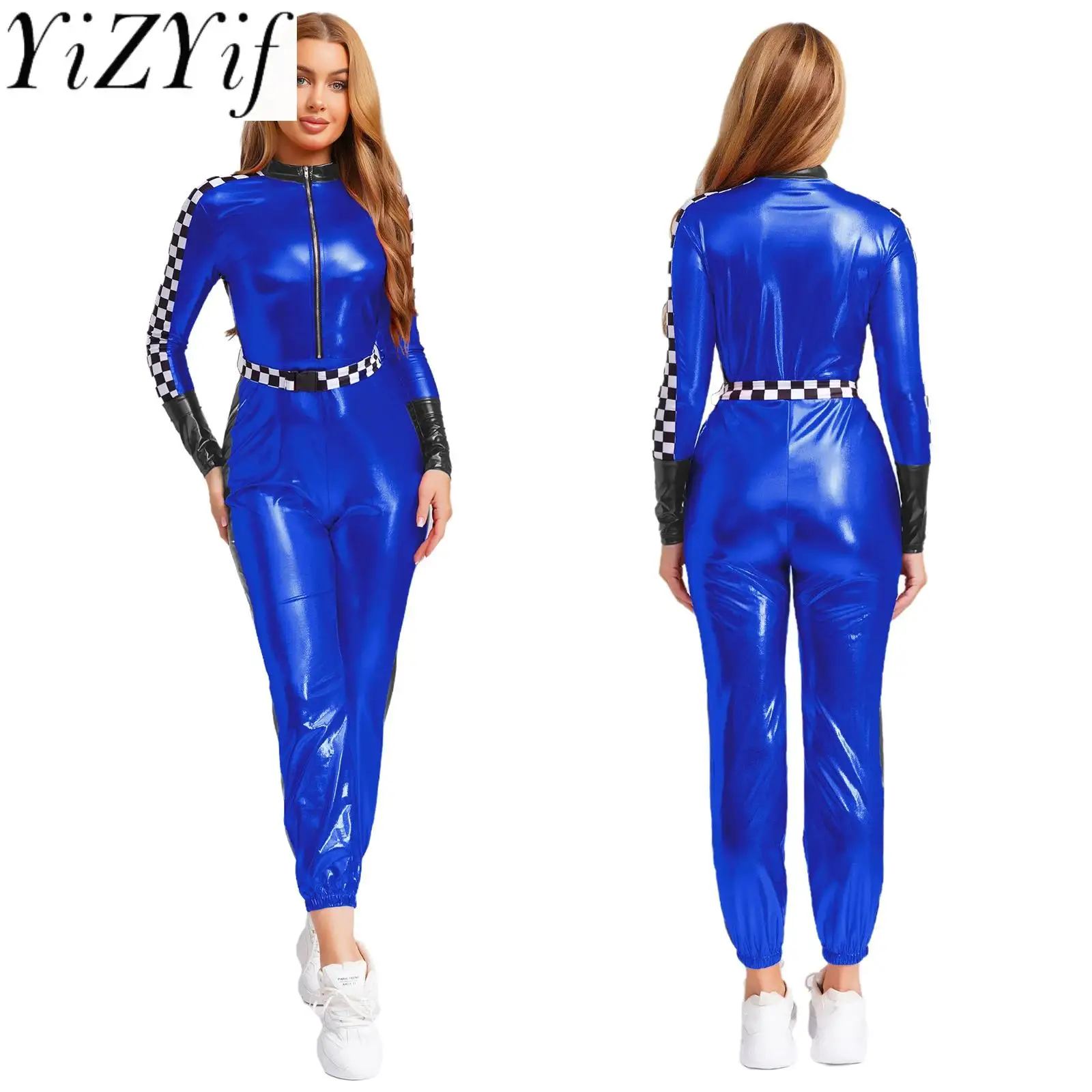 

Women's Shiny Cool Jumpsuit for Racer Driving Car Racing Speeding Costumes Metallic Bodysuit Halloween Racer Role Play Costume