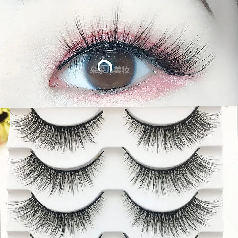 New 5 pairs of soft and thick 3D false eyelashes, messy cross shaped cartoon style doll eye tail extension