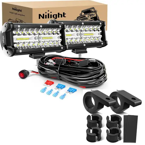 Nilight 2PCS 6.5" 120W Spot-Flood LED Light Bar + 90027B Mounting Clamp Kit - 16AWG Wiring Harness for Off-Road Truck ATV UTV
