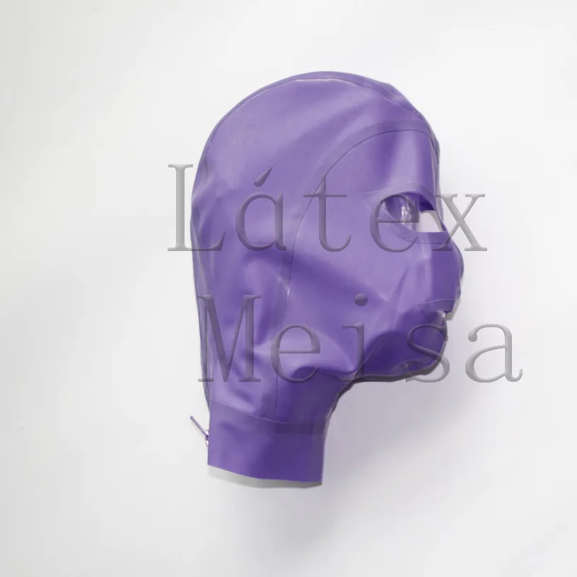 

Latex masks female rubber hoods open eyes nostril and mouth in purple color with back zip